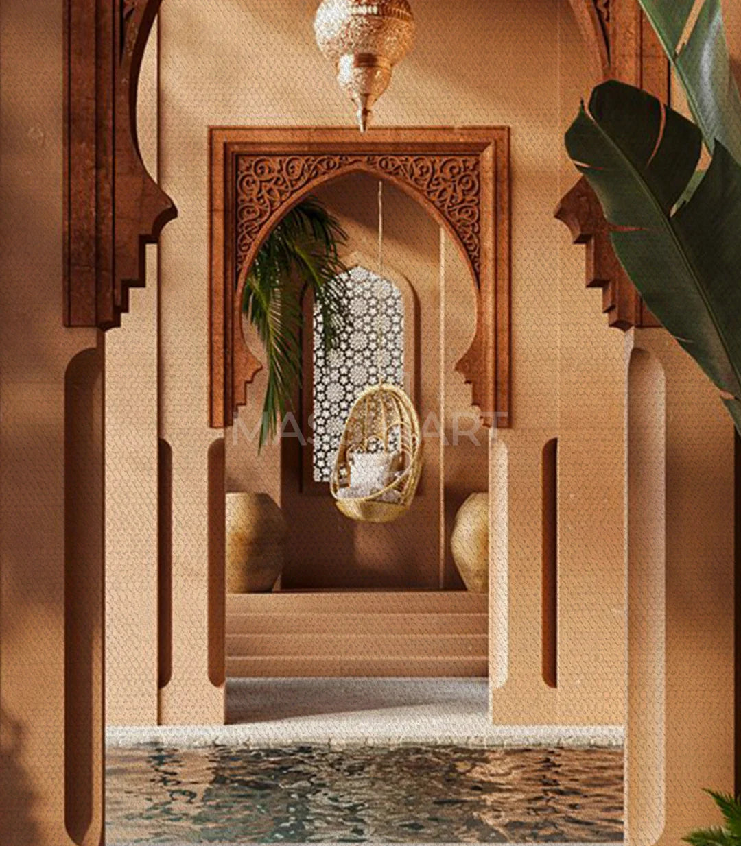 Golden Riad – cuadro de arquitectura marroquí en tonos beige, ocre y negro, ambientado en interior moderno