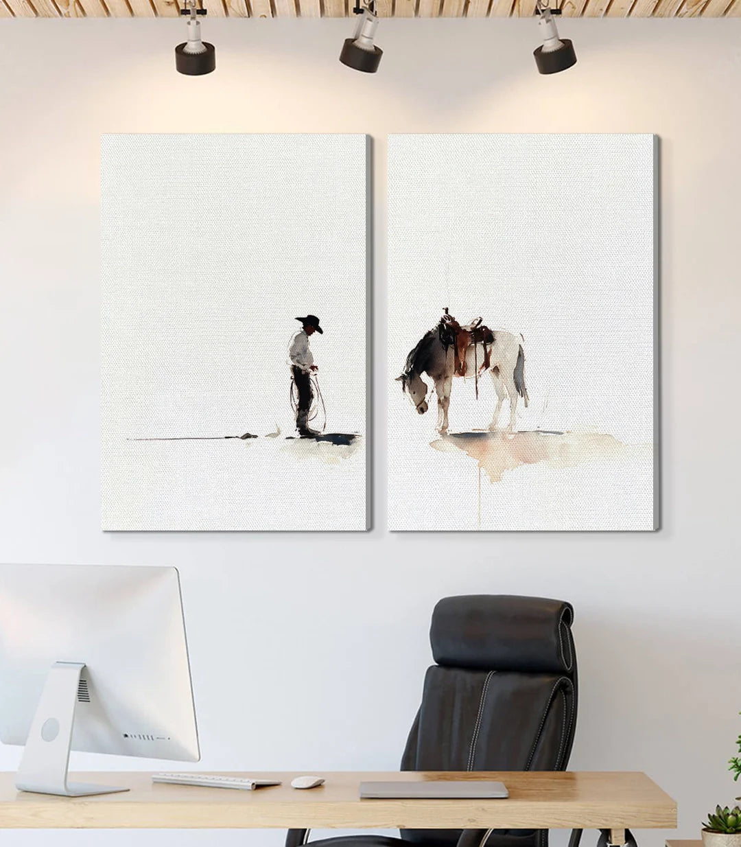 Detalle cowboy solitario — cuadro western en acuarela minimalista Massinart