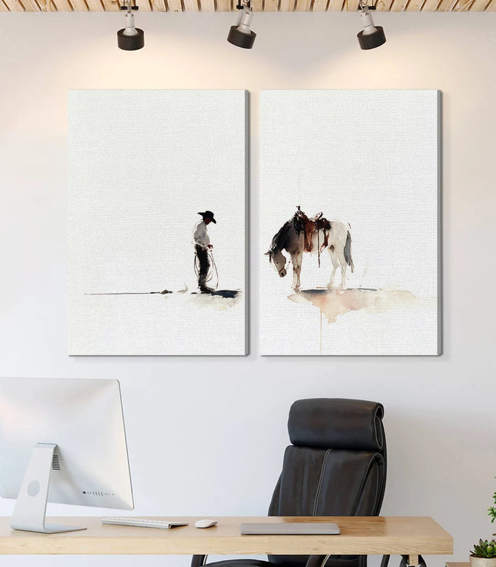 Detalle cowboy solitario — cuadro western en acuarela minimalista Massinart