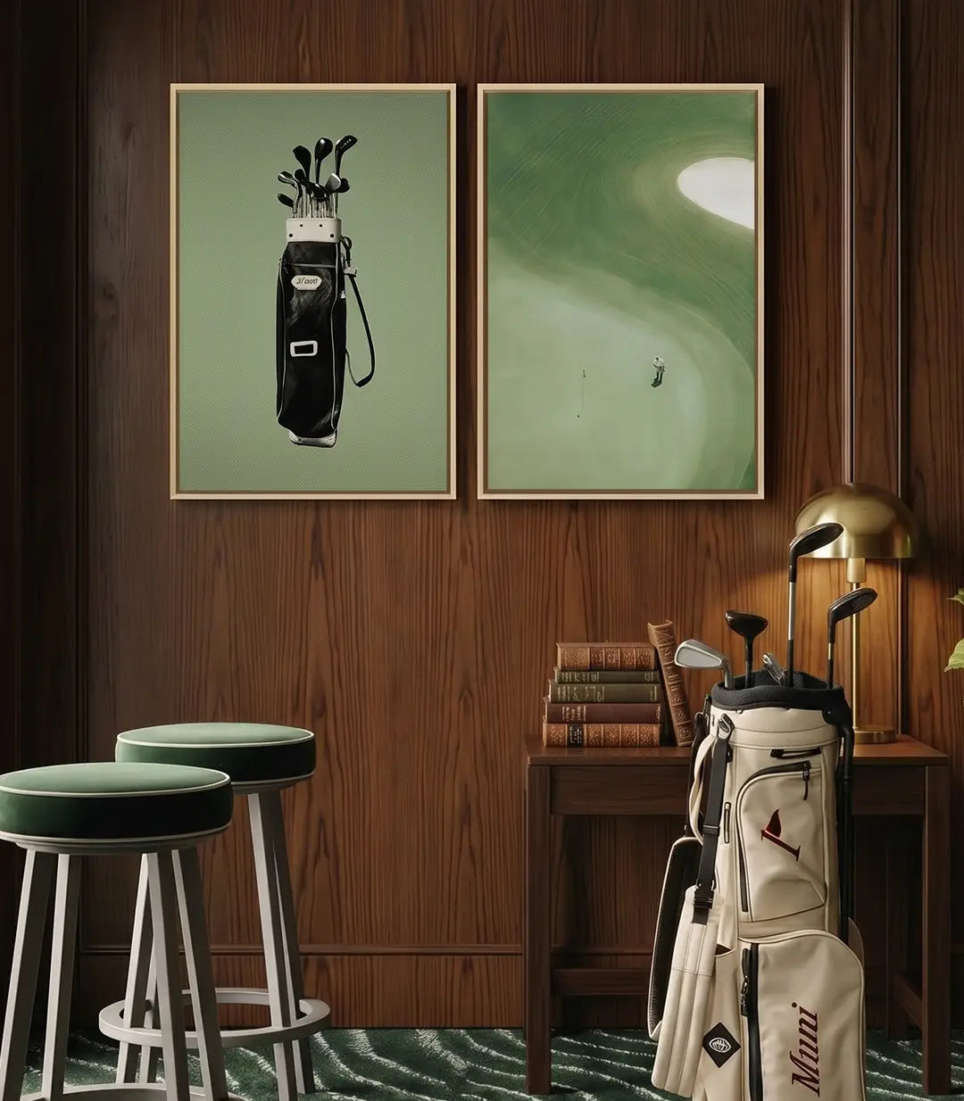 Díptico decorativo moderno con golfista en acción en tonos verdes jade y esmeralda, estilo gráfico contemporáneo