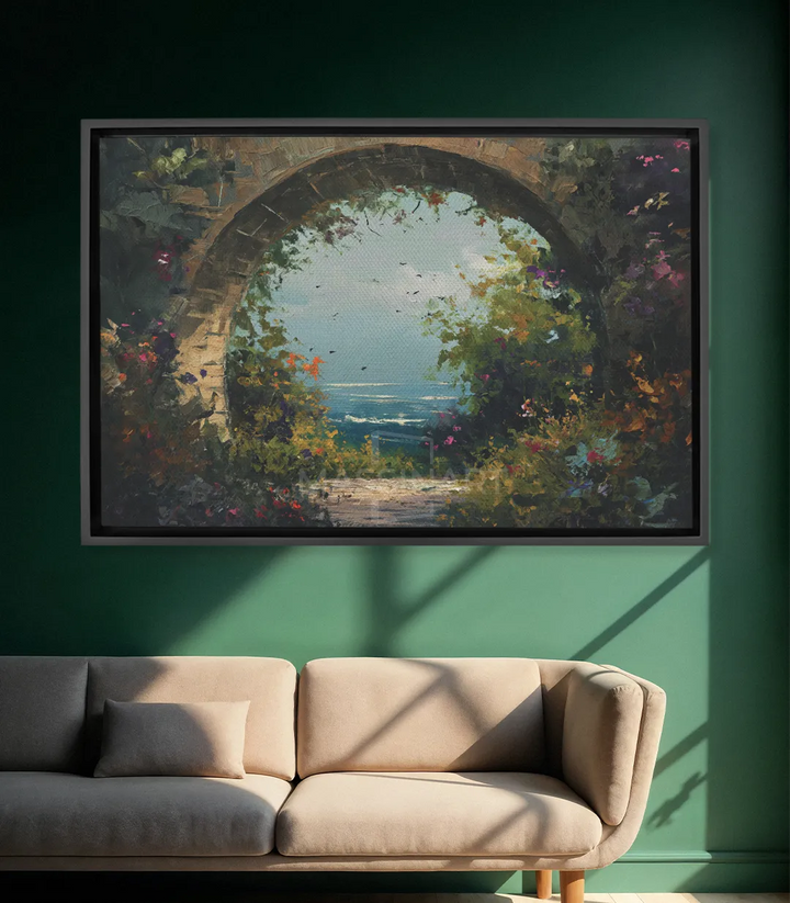 Cuadro bóveda florida vista al mar — arco de piedra con flores, Massinart