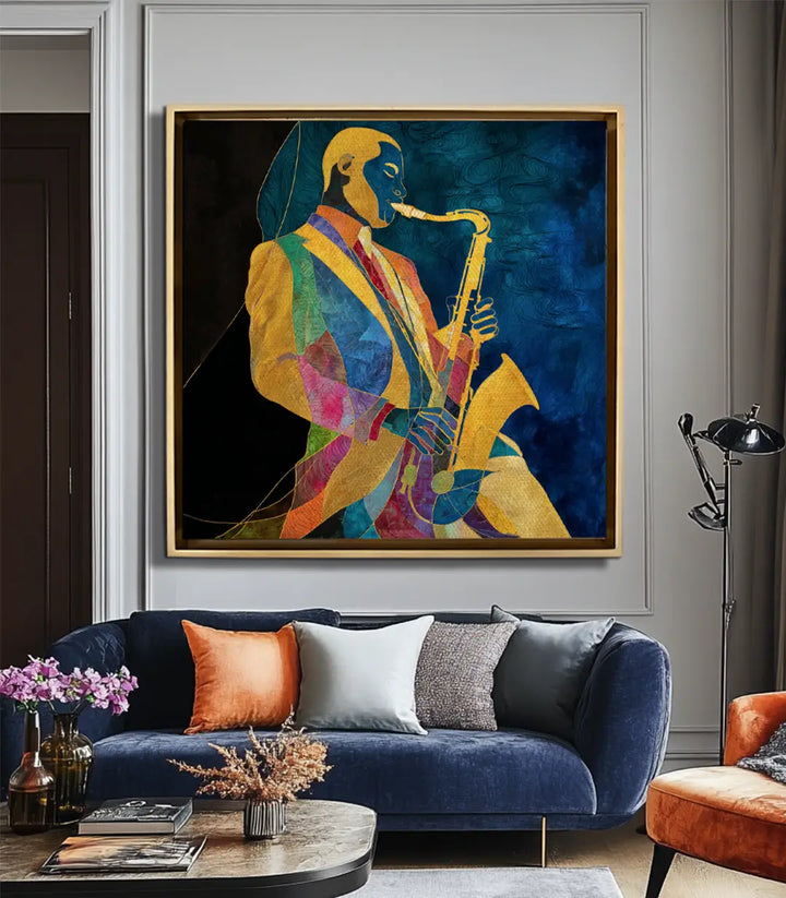 Cuadro Color Jazz en salón moderno — decoración de pared sobre sofá, estilo contemporáneo