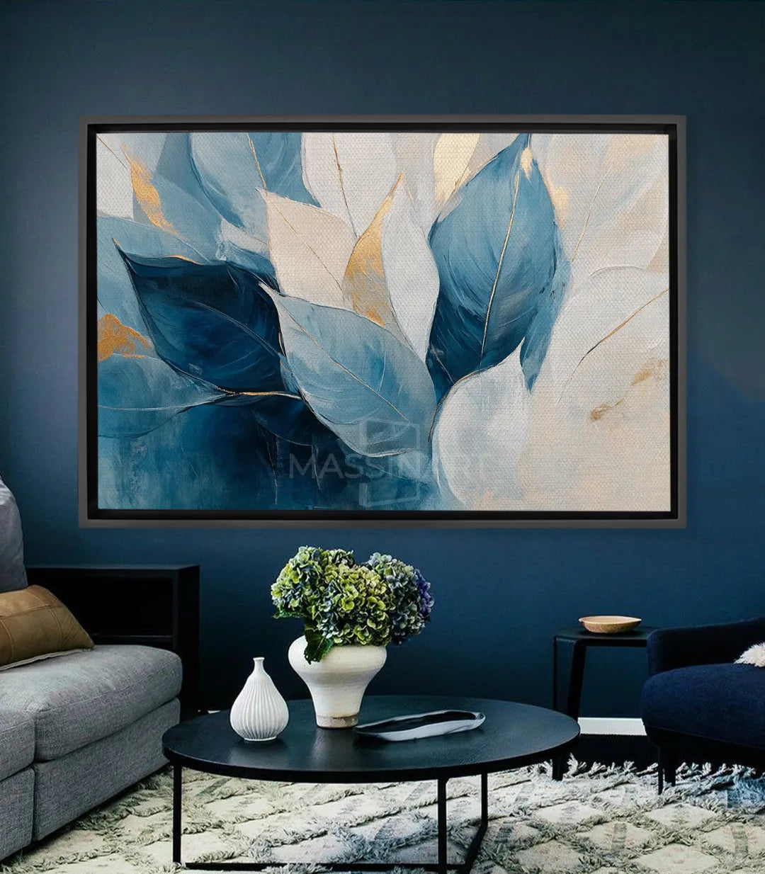 Cuadro Soft Blossom hojas abstractas azul y dorado — arte floral minimalista Massinart