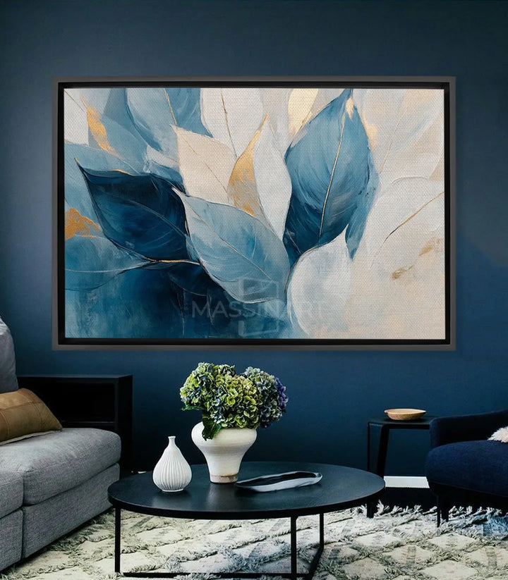 Cuadro Soft Blossom hojas abstractas azul y dorado — arte floral minimalista Massinart