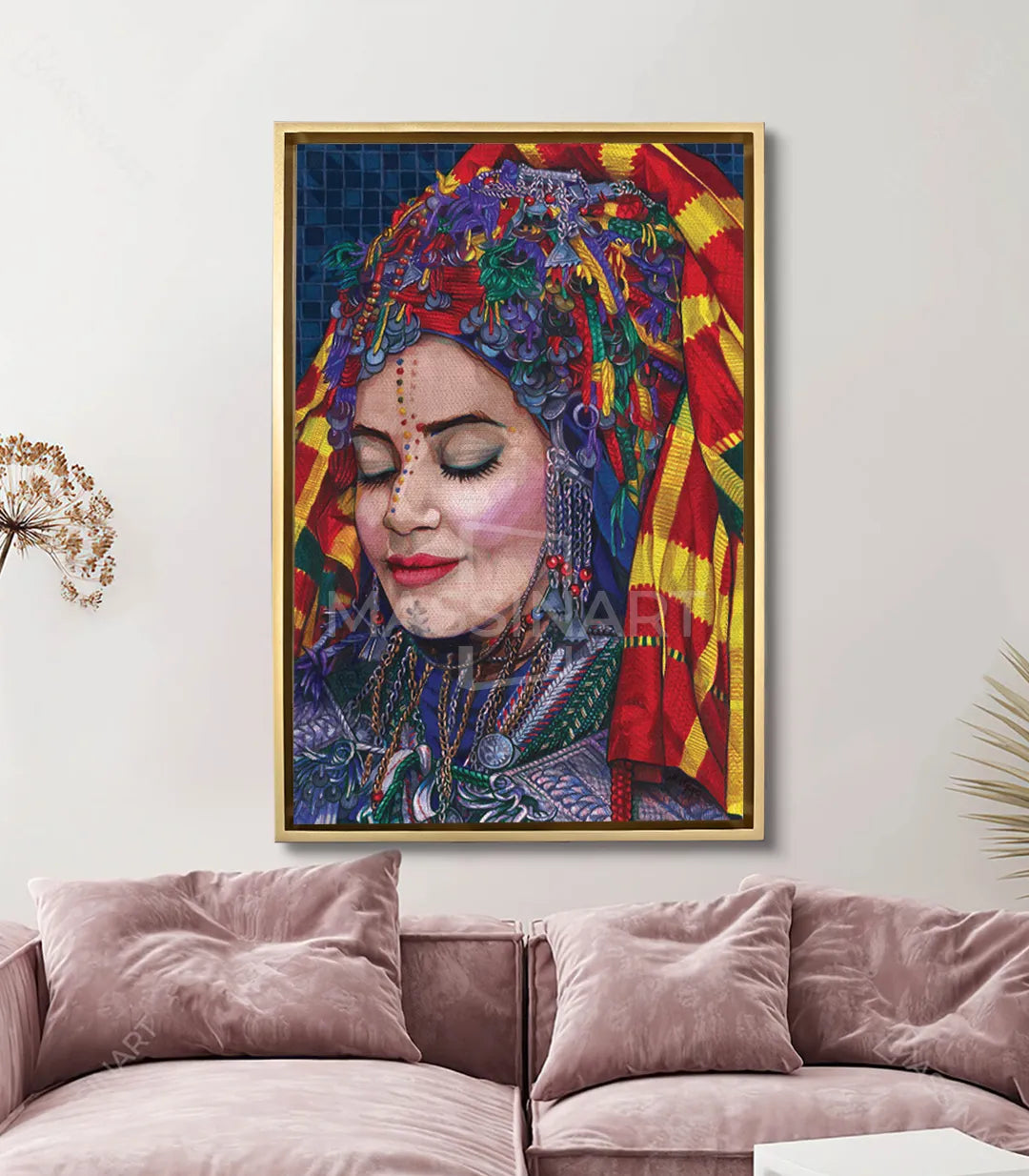 Decoración salón estilo marroquí con cuadro pop-art mujer bereber colorido — Massinart