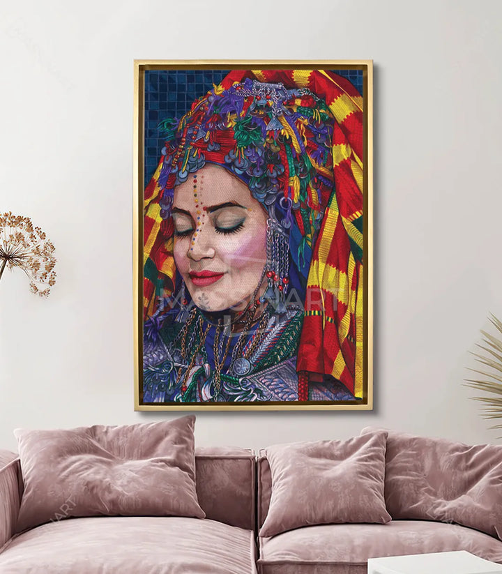 Decoración salón estilo marroquí con cuadro pop-art mujer bereber colorido — Massinart