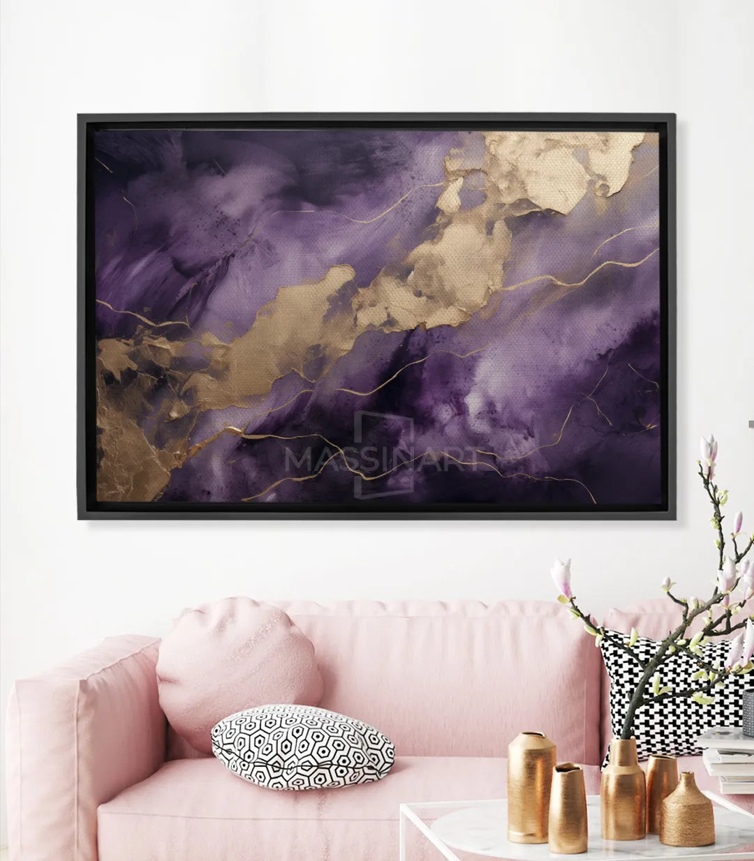 Cuadro Royal Elegance abstracto mármol malva y dorado — Massinart