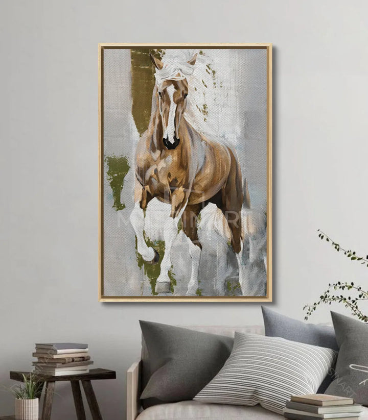 Decoración de habitación con cuadro de caballo noble en colores naturales — Massinart