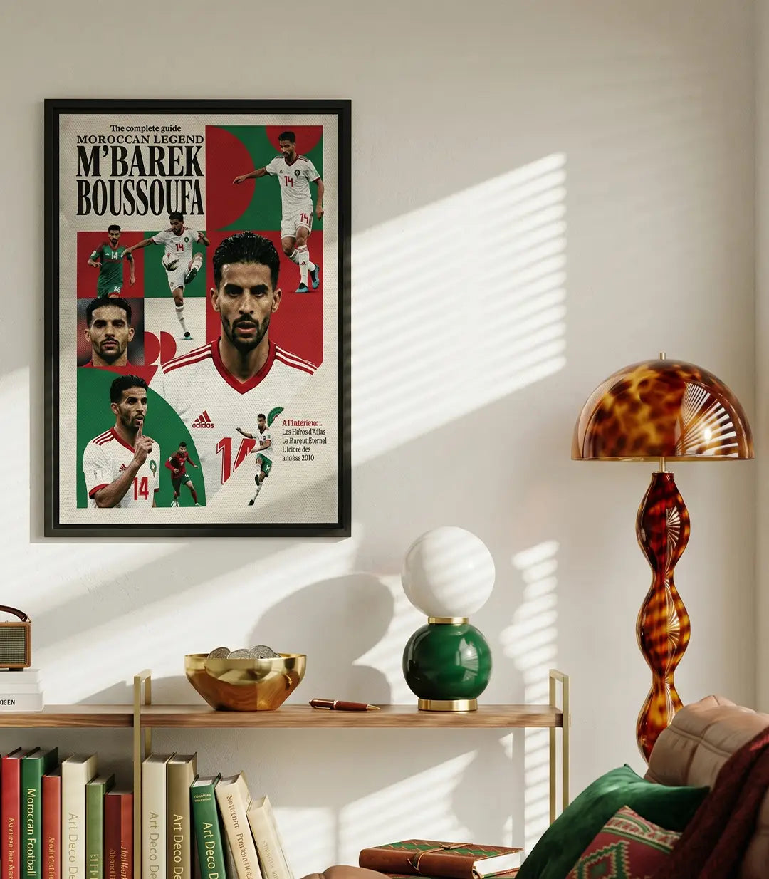Cuadro decorativo estilo portada de revista vintage con retrato de M'Barek Boussoufa, jugador marroquí número 14, en tonos rojo y negro