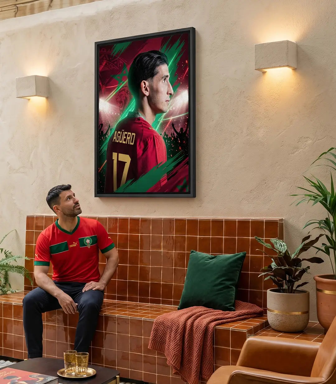 Cuadro decorativo de Nayef Aguerd de perfil con la camiseta roja marroquí número 17, fondo de estadio con pinceladas dinámicas, estilo arte contemporáneo