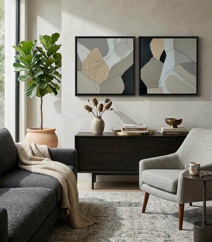 Cuadro Clay Relief Massinart — ambientación en salón de diseño, díptico sobre sofá beige