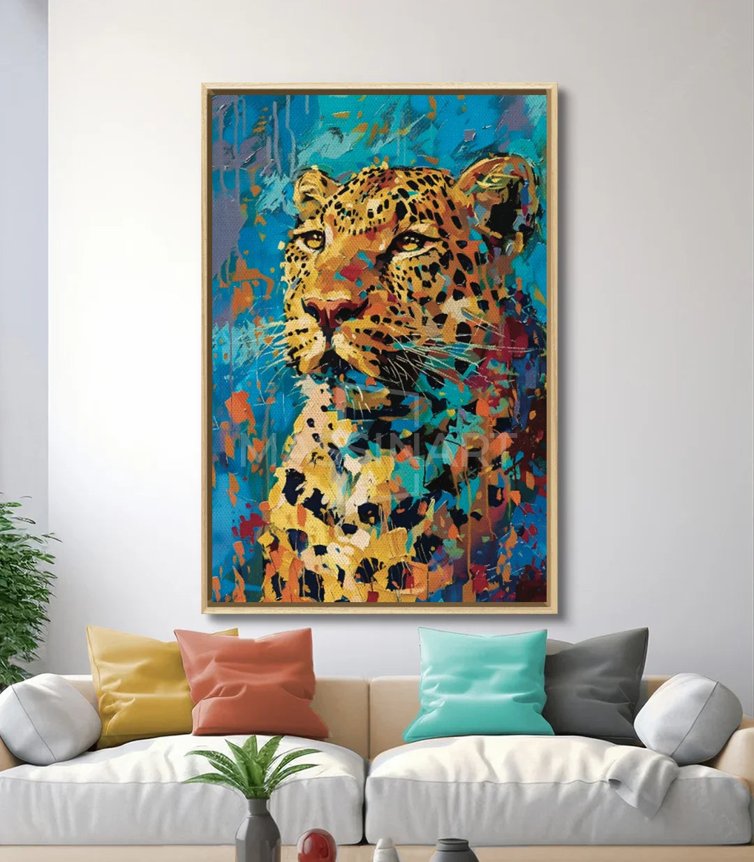 Decoración de salón con cuadro leopardo colorido Massinart