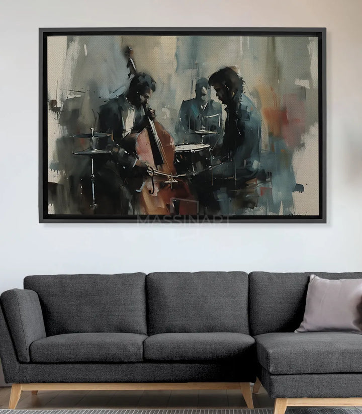 Cuadro abstracto músicos de jazz expresionista en tonos gris y beige, tres figuras con instrumentos — Massinart