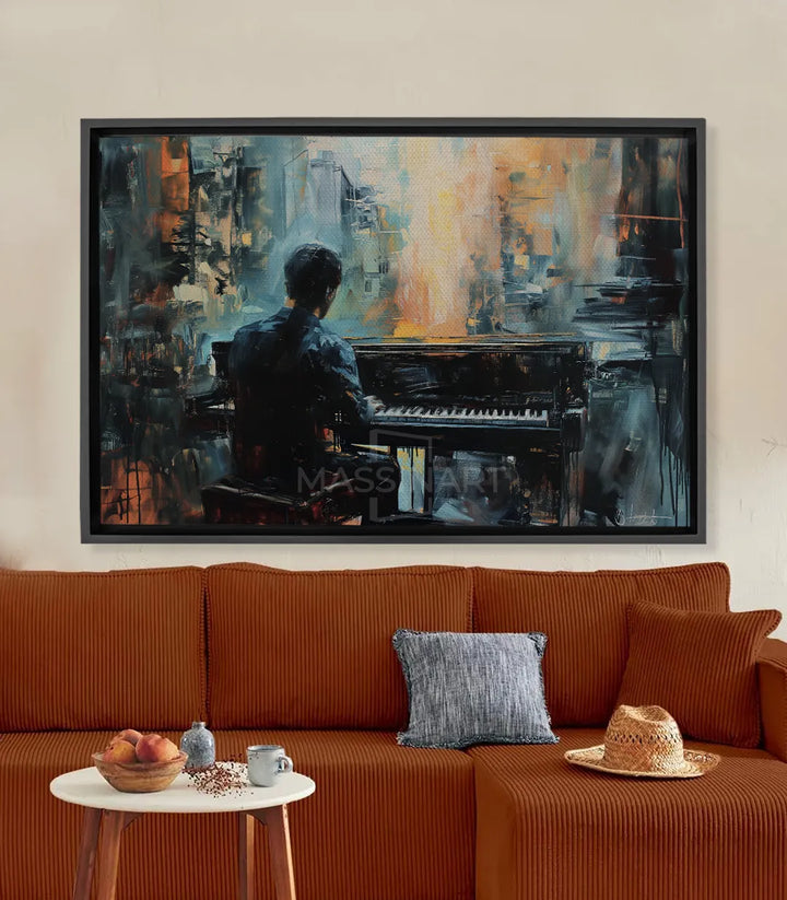 Cuadro The Pianist — pianista urbano sobre fondo abstracto azul y naranja, estilo expresionista