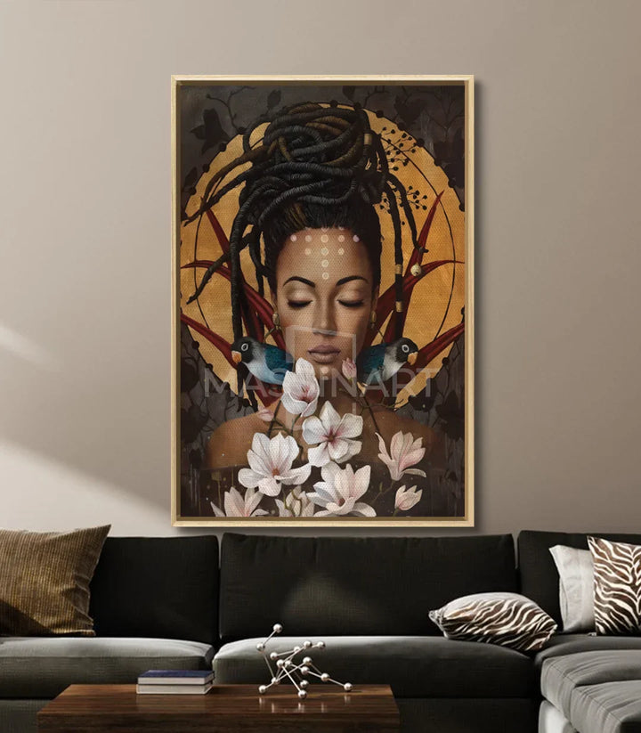 Decoración interior salón — cuadro figurativo retrato mujer floral Massinart