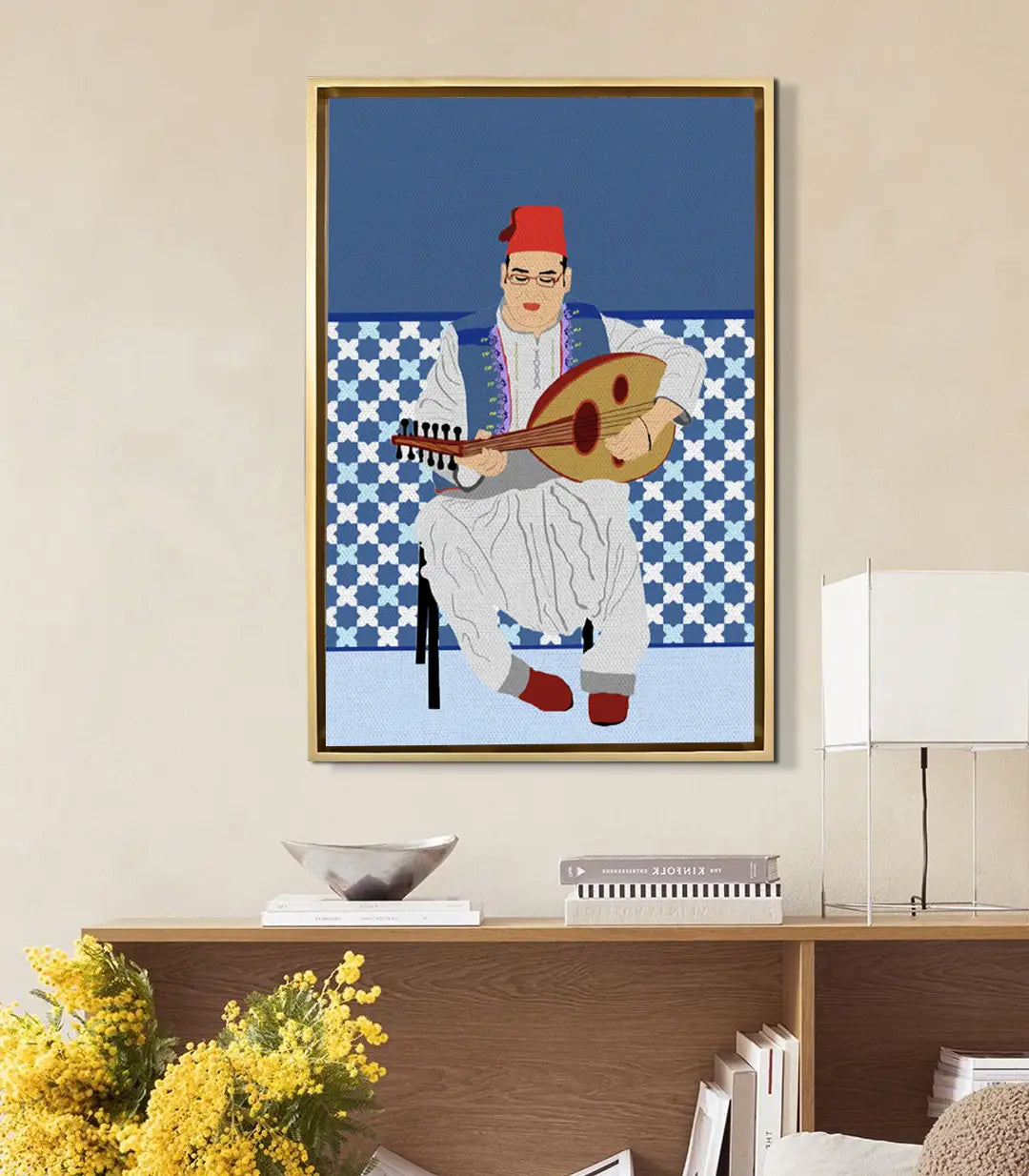 Cuadro Oud Harmony Massinart en salón moderno, sobre mueble bajo, estilo contemporáneo