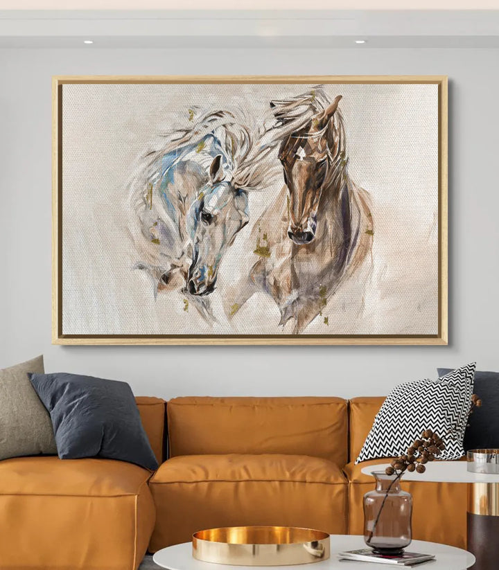Decoración salón — cuadro caballos emotivos con marco negro en formato horizontal