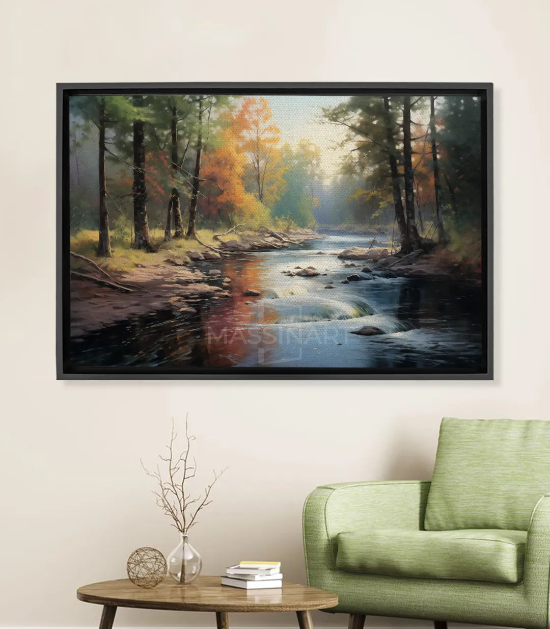 Cuadro Riverside bosque río otoño — paisaje natural con árboles y reflejos en el agua