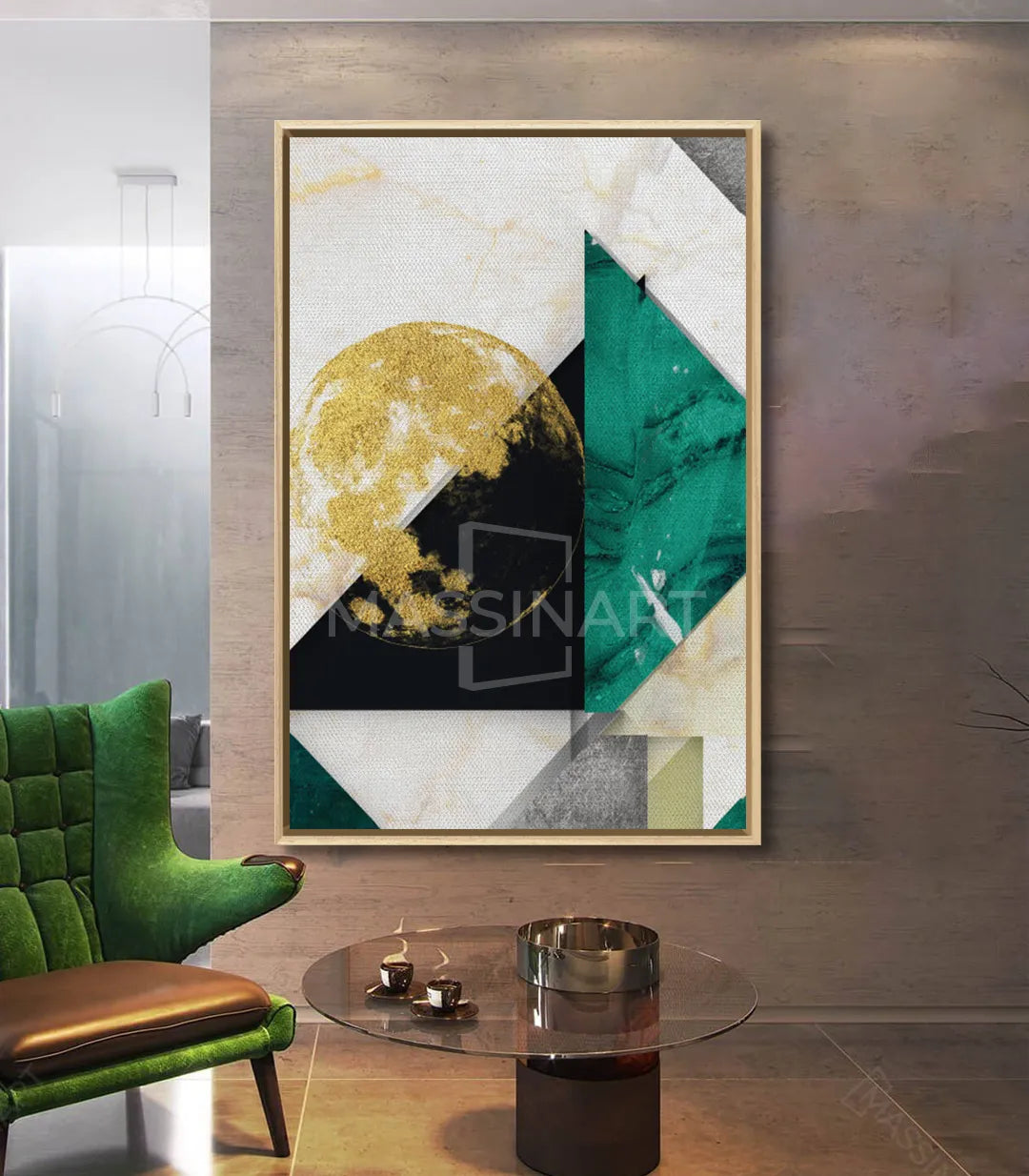 Decoración contemporánea con arte geométrico Massinart y mobiliario de diseño