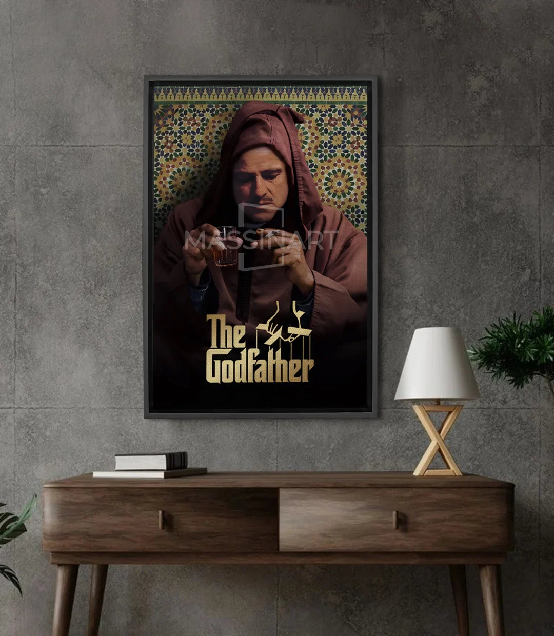 Cuadro retrato hombre con djellaba burdeos y zellige marroquí al fondo — Massinart
