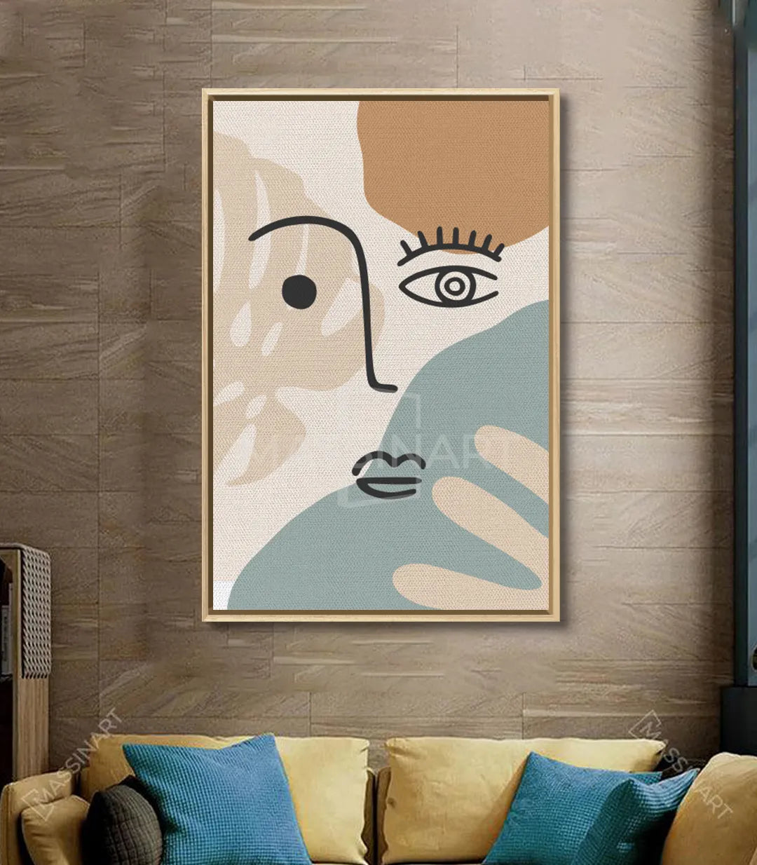 Decoración interior contemporánea con cuadro rostro minimalista en tonos beige y verde — Massinart