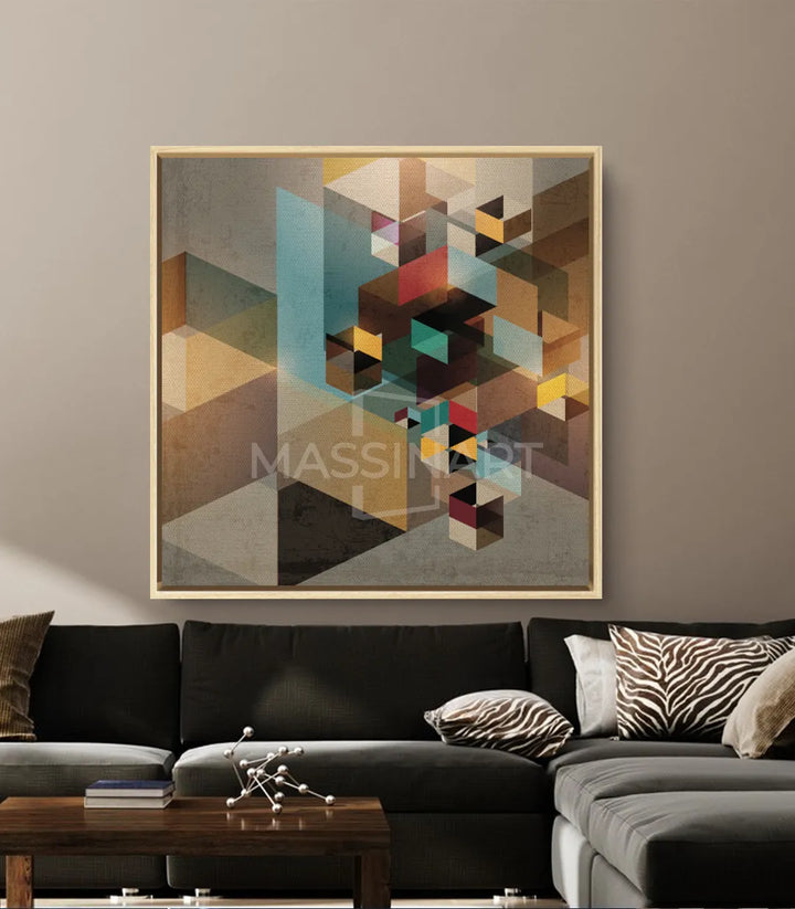 Cuadro geométrico cubista en salón moderno — decoración pared Massinart