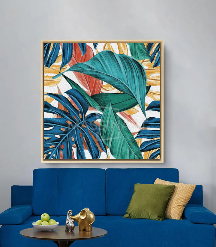 Cuadro Oxygen Massinart — detalle hojas tropicales estilizadas en colores vivos