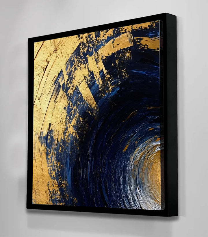 Simulación dormitorio elegante — cuadro abstracto Golden Vortex en decoración de interiores, tonos dorado y gris Massinart