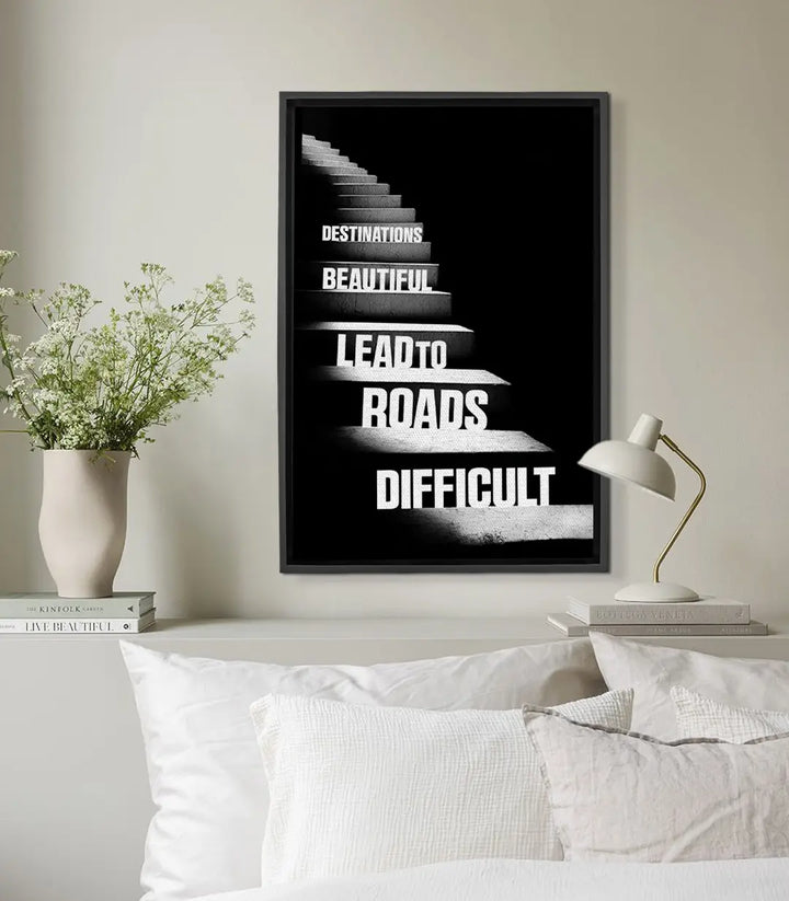 Cuadro Winning Steps cita motivadora blanco y negro — escalera gráfica con texto inspirador, Massinart