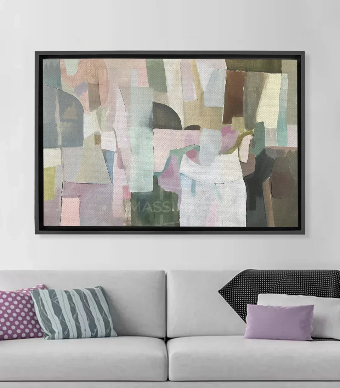 Cuadro abstracto geométrico horizontal con formas modulares en beige, rosa y verde — Massinart