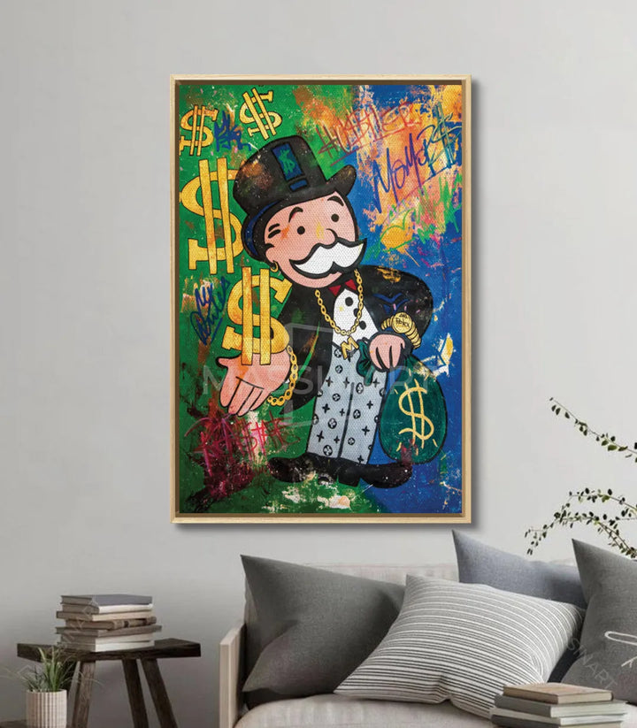 Ambiente salón moderno con cuadro Hustler Massinart — street-art vertical listo para colgar