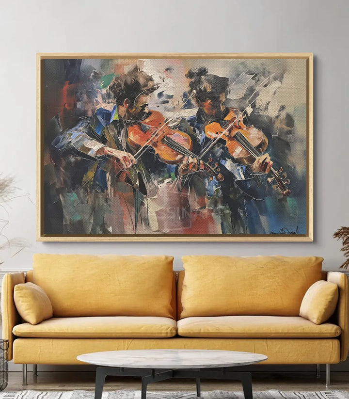 Cuadro Violinistas en interior salón contemporáneo — arte mural Massinart