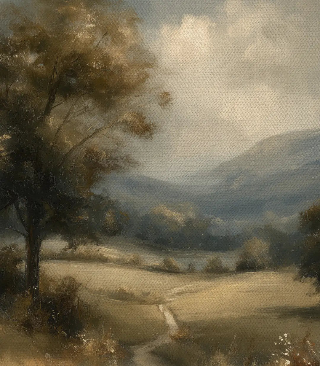 Cuadro Fading Fields vista detalle mural — enmarcado negro premium, textura lienzo | Massinart