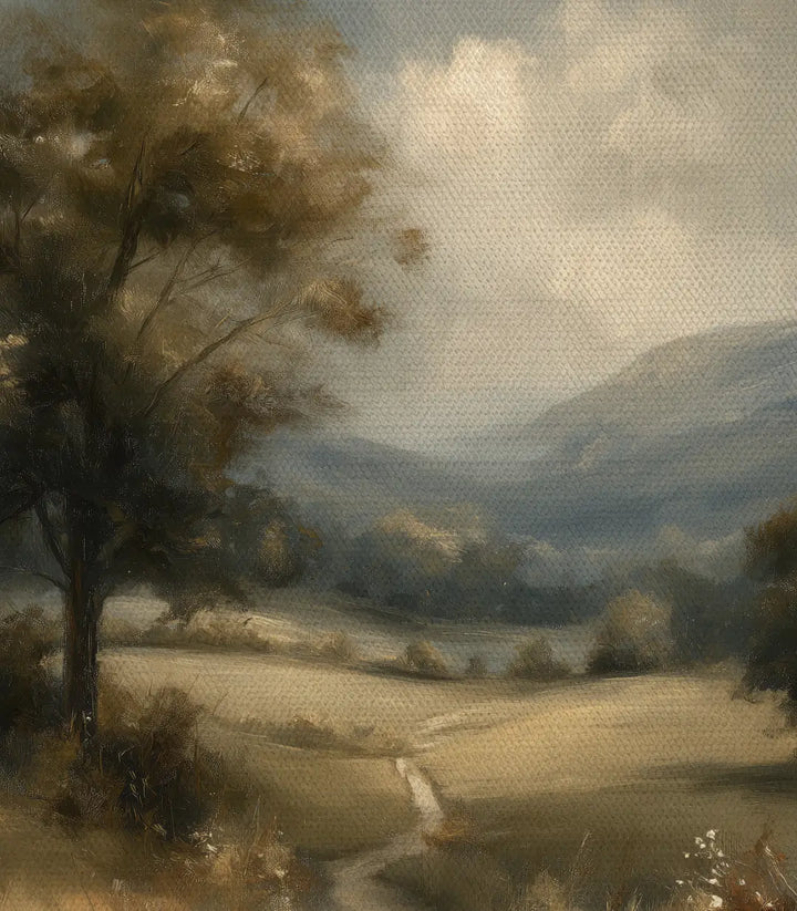 Cuadro Fading Fields vista detalle mural — enmarcado negro premium, textura lienzo | Massinart
