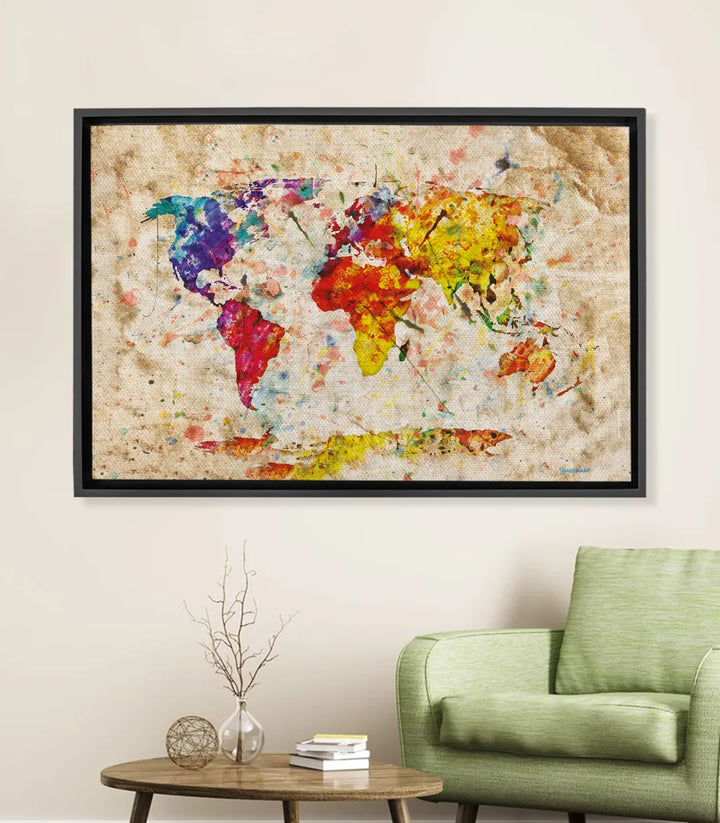 Cuadro mapa del mundo colorido estilo abstracto — continentes en azul, rojo y amarillo sobre fondo beige vintage | Massinart