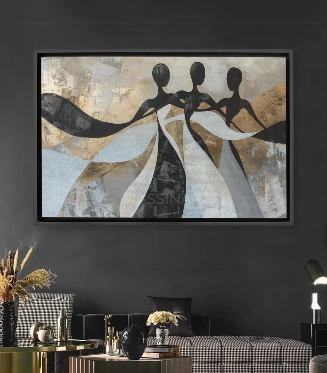Cuadro Elegant Moves siluetas danzantes abstractas negro blanco beige Massinart