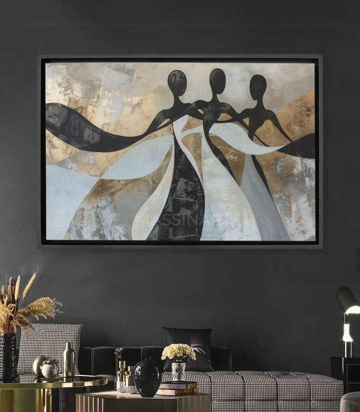 Cuadro Elegant Moves siluetas danzantes abstractas negro blanco beige Massinart