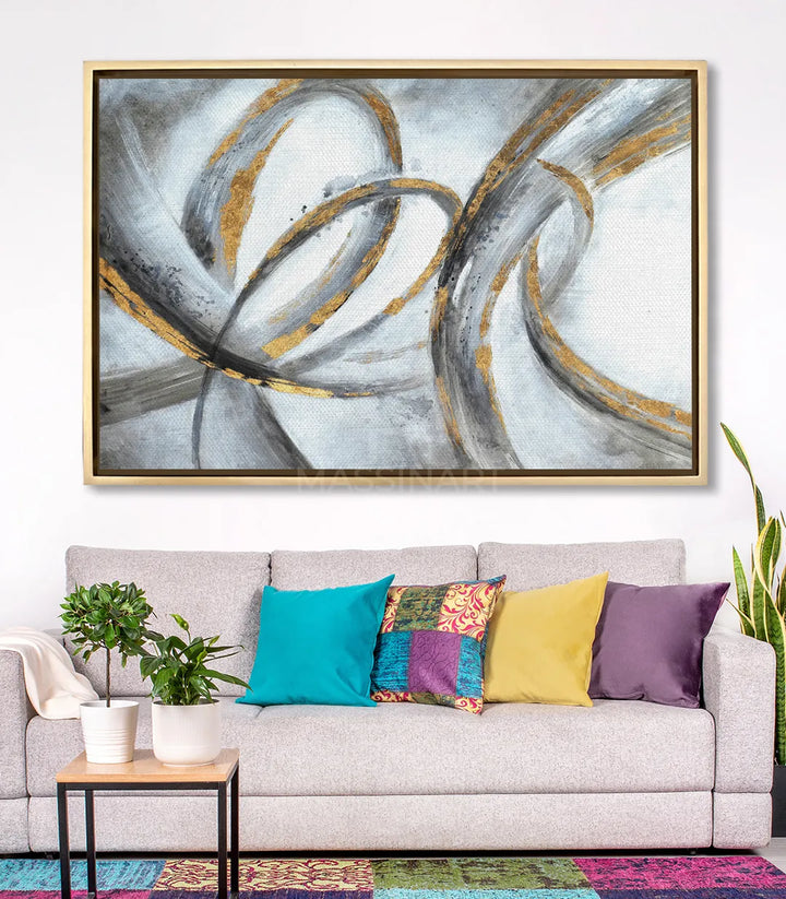 Ambientación salón moderno — cuadro Swirl sobre sofá terracota — Massinart