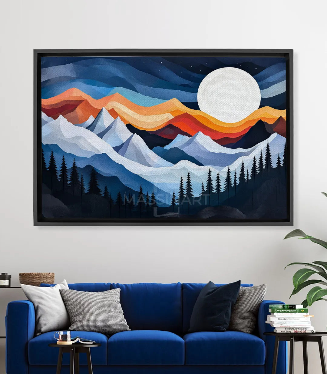 Cuadro Moonlit Peaks paisaje montañoso geométrico azul blanco con luna estilo abstracto Massinart