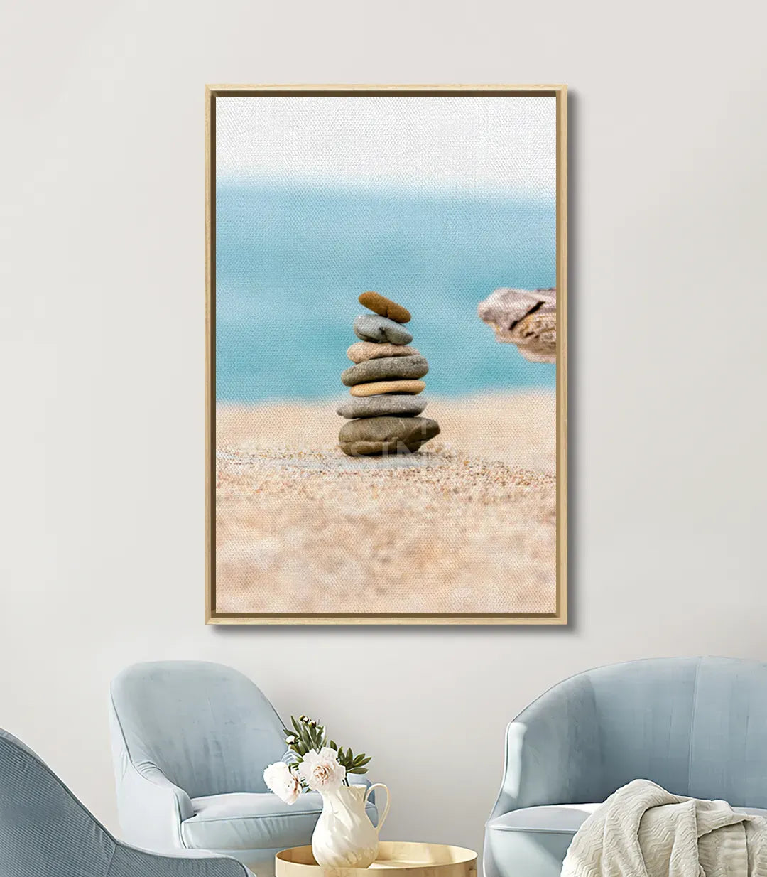 Cuadro Stone Balance en pasillo minimalista — piedras en equilibrio, atmósfera serena, Massinart