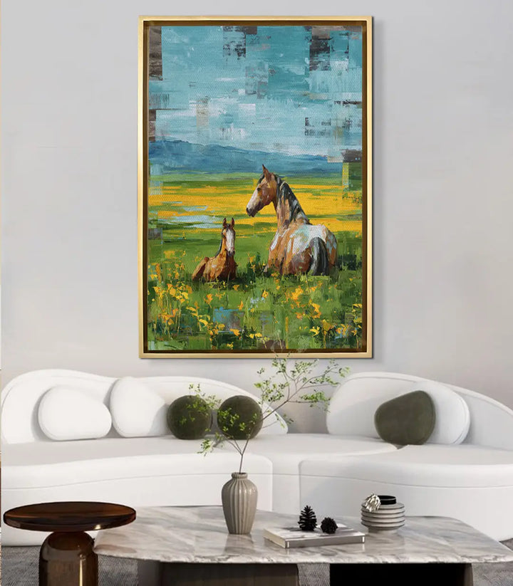 Cuadro Resting Horses de Massinart — ambientado en salón moderno encima de sofá