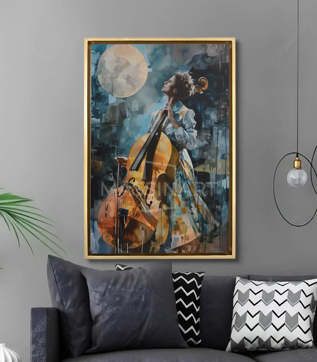 Cuadro Melody en salón moderno decorado con cojines oscuros, estilo contemporáneo