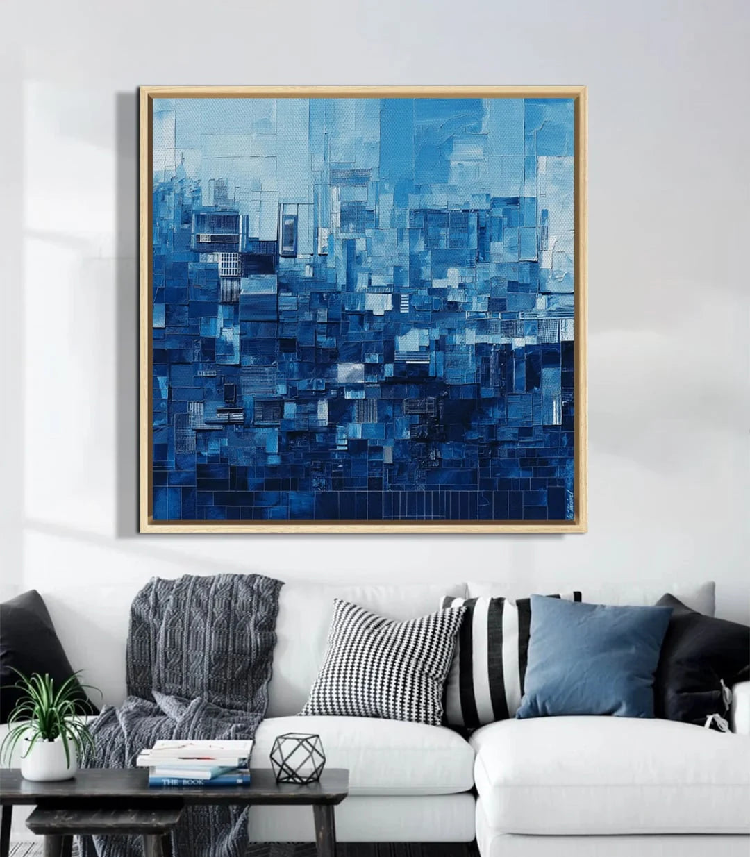 Decoración interior contemporánea con cuadro cuadrado skyline azul en salón minimalista — Massinart