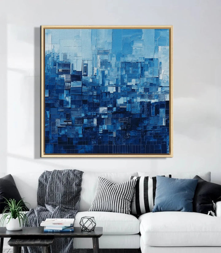 Decoración interior contemporánea con cuadro cuadrado skyline azul en salón minimalista — Massinart