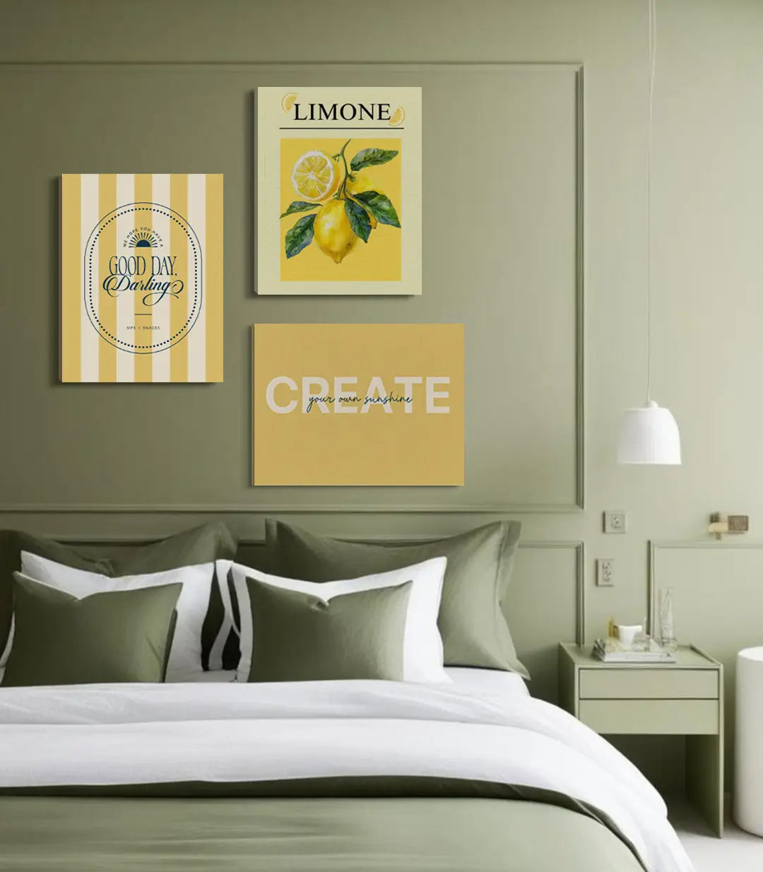 Cuadro Limone Energy tríptico — ilustración de limón botánico con tipografía positiva en amarillo y blanco, Massinart