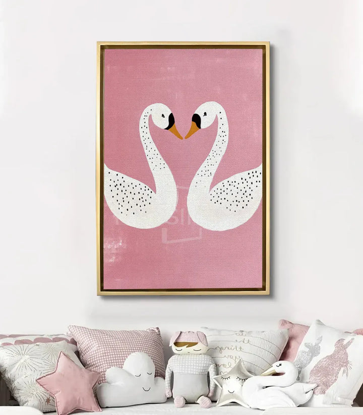 Ambientación habitación niña — cuadro de cisnes enamorados en rosa sobre la cama, Massinart