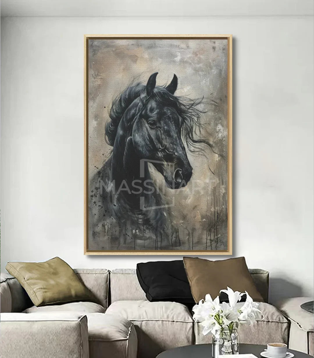 Cuadro caballo negro Midnight Soul en interior contemporáneo — arte mural Massinart