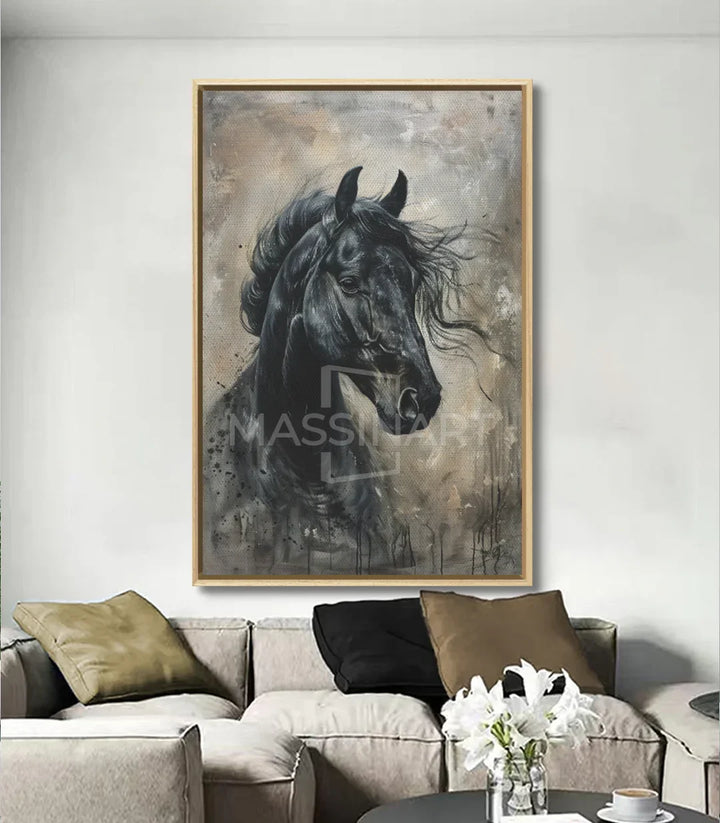 Cuadro caballo negro Midnight Soul en interior contemporáneo — arte mural Massinart