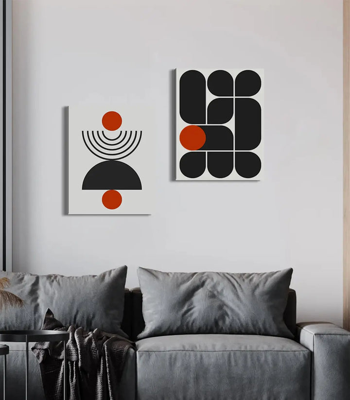 Cuadro Red Signal izquierdo Massinart — composición geométrica con formas negras y rojo intenso