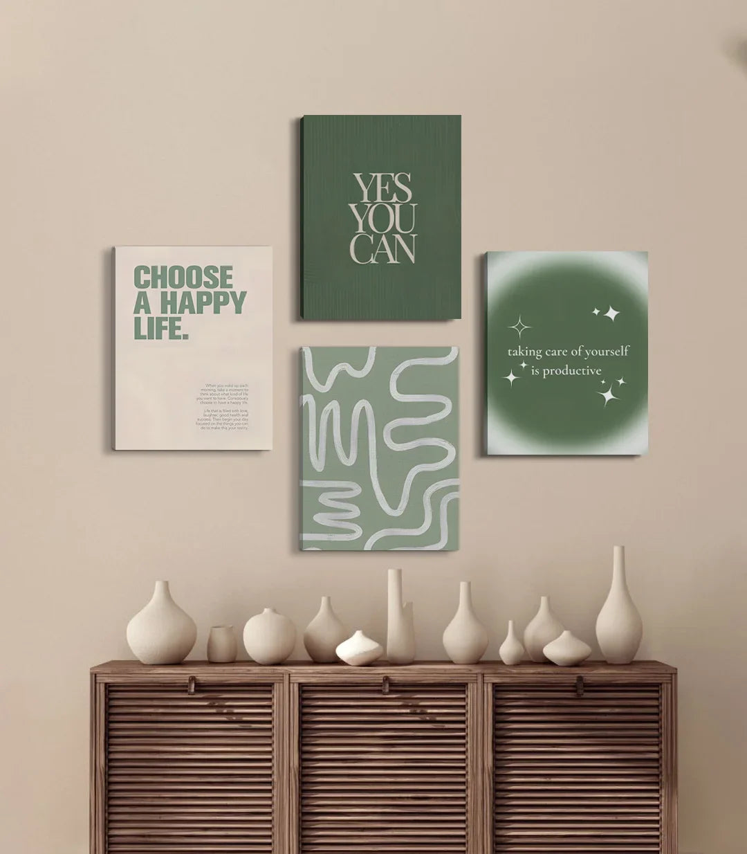 Conjunto de cuadros Push Forward con tipografía y tonos verdes y beige — Massinart